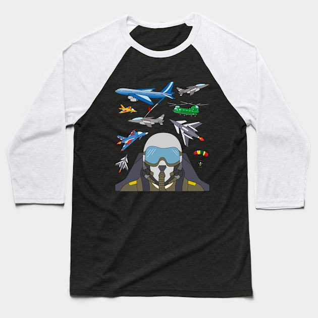 Jet Fighter Pilot with Military Planes and Helicopter Baseball T-Shirt by samshirts